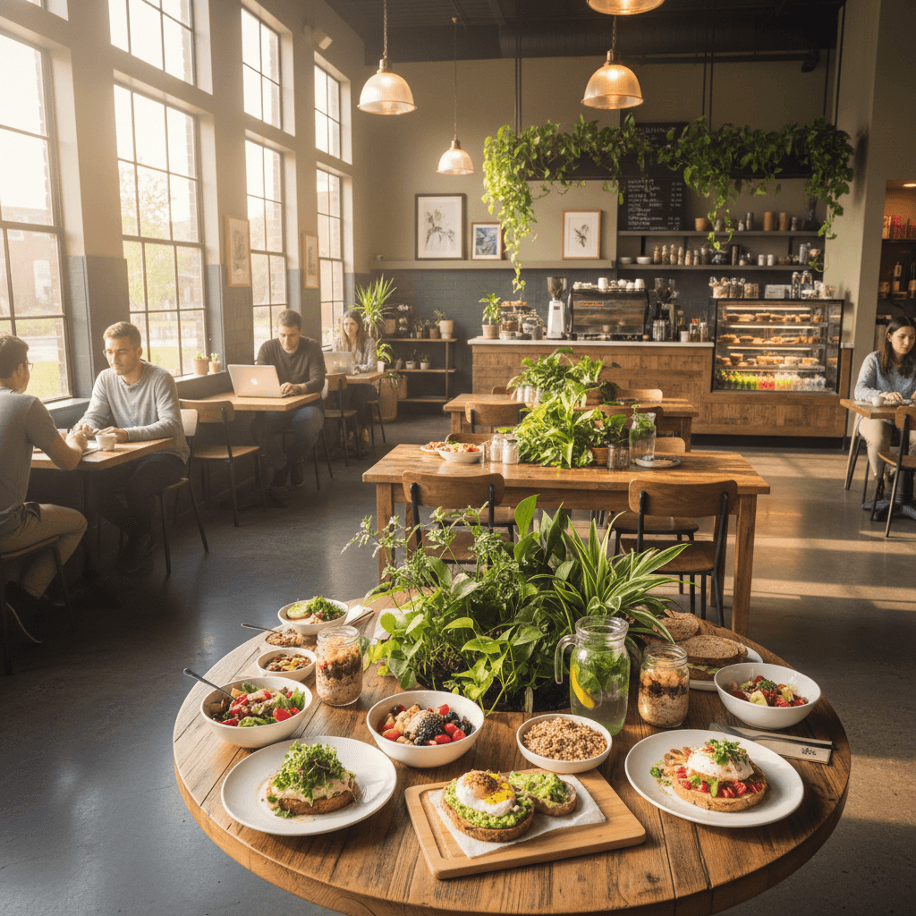 Warm cozy campus café with coffee cups, wooden furniture, bright natural light streaming in