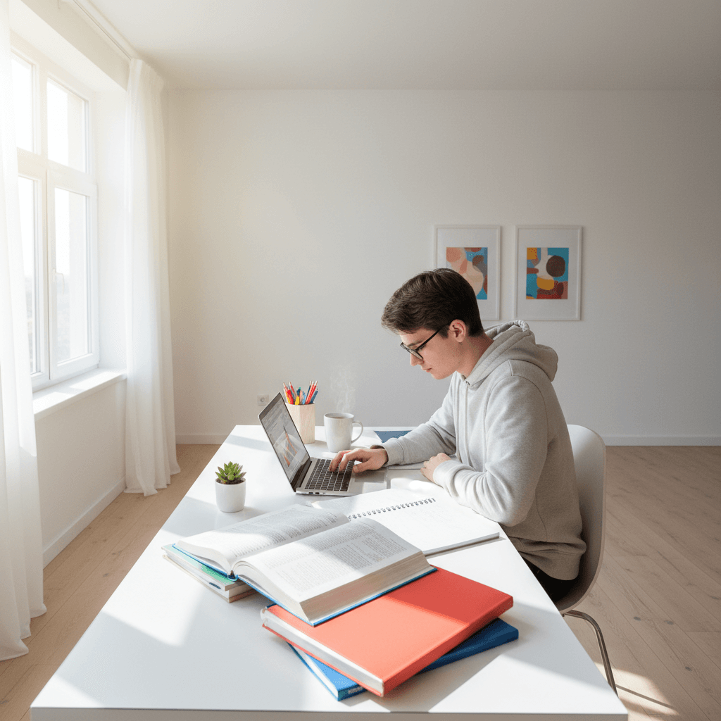 Organic chemistry textbook open on clean white desk, well-lit study space
