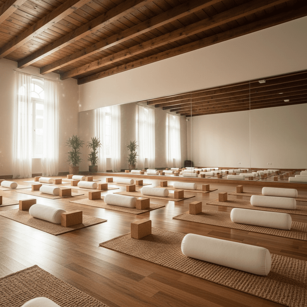 Purple yoga mat rolled out on light wood floor, bright airy studio space