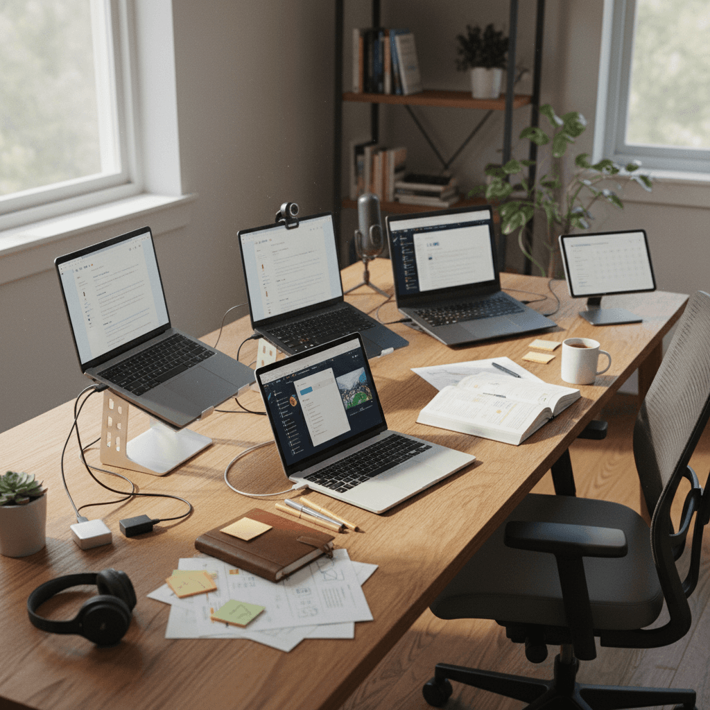 Stack of open textbooks on wooden desk, warm natural light, clean study environment