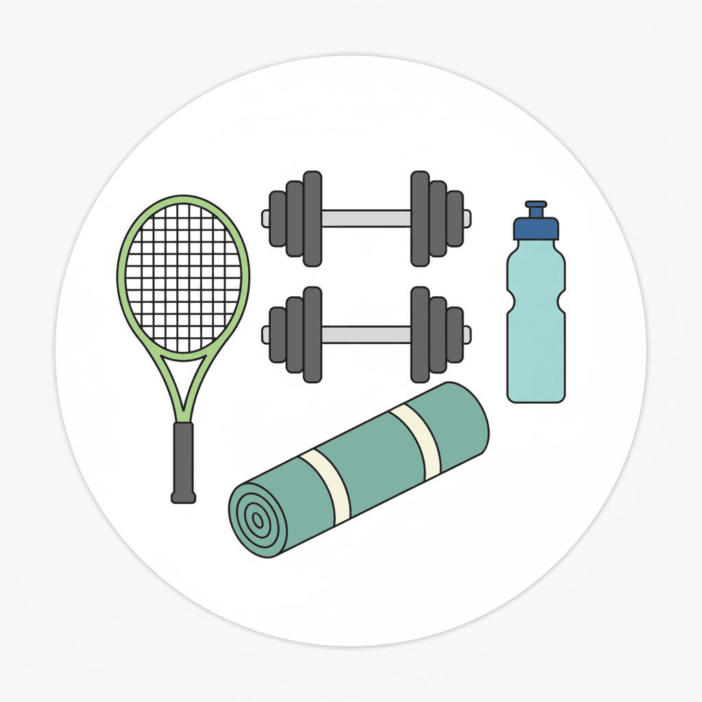 Sports equipment including badminton rackets, yoga mat, and water bottles on gym floor