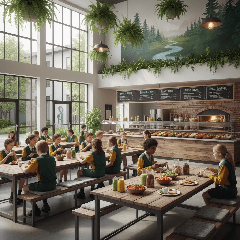 Fresh food bowls and healthy snacks on bright table, vibrant colors, well-lit cafeteria setting