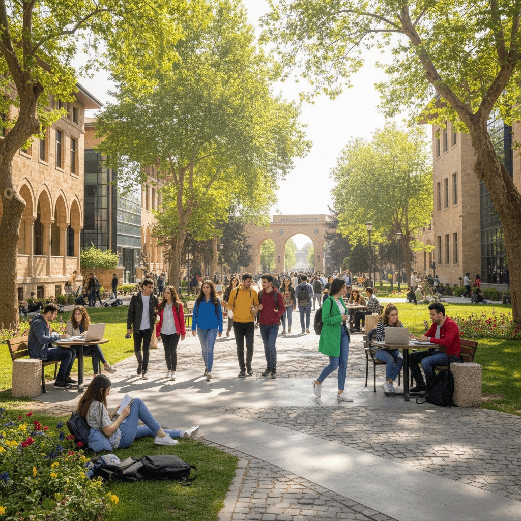 Students on a vibrant college campus lawn, warm afternoon light, busy walkways, lush green trees, airy open space